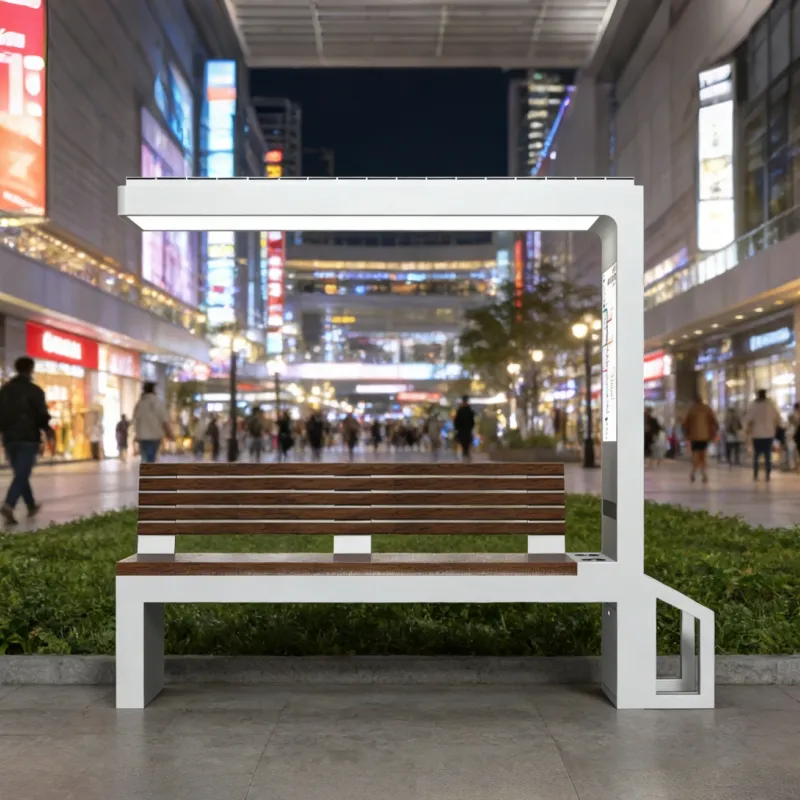 Smart solar bench with solar power generation and mobile phone charging.