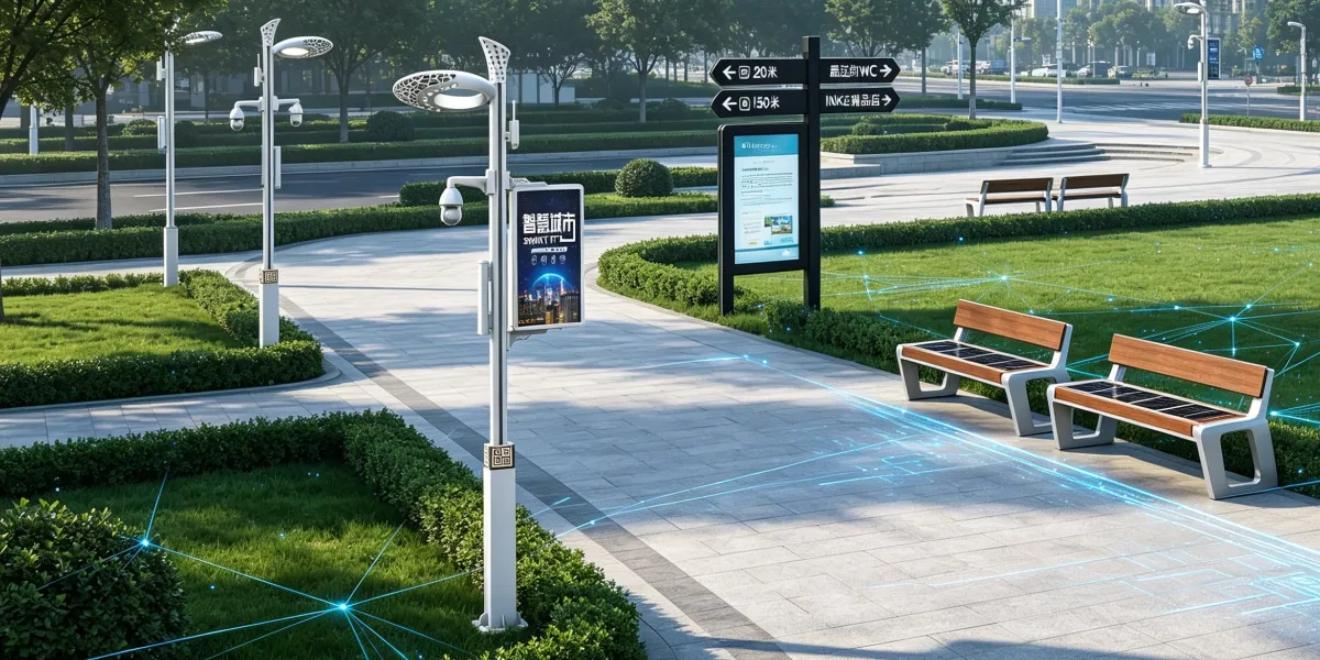 The picture shows smart light poles, smart solar benches, smart rotating directional signs, and other products produced by Hangzhou Sanqian Smart City Technology Co., Ltd. The picture shows smart light poles, smart solar benches, smart rotating directional signs, and other products produced by Hangzhou Sanqian Smart City Technology Co., Ltd.